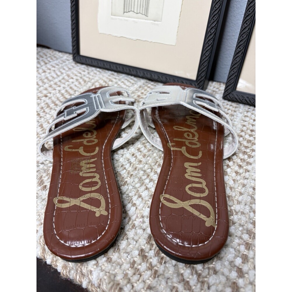 Sam Edelman Bay Slide Sandals Metallic Silver Leaf Leather Shiny EU43 - Picture 2 of 5